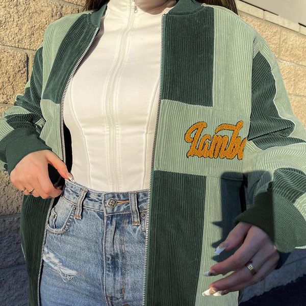 women's jackets zip up varsity jacket corduroy green color block winter outerwear baseball letter print women bombers oversize, Black;brown
women's jackets zip up varsity jacket corduroy green color block winter outerwear baseball letter print women bombers oversize, Black;brown