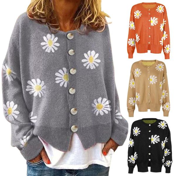 women's knits & tees women casual loose cardigan fresh little daisy round neck long-sleeved knitwear single-breasted knitted 2021 y2k o, White 
women's knits & tees women casual loose cardigan fresh little daisy round neck long-sleeved knitwear single-breasted knitted 2021 y2k o, White