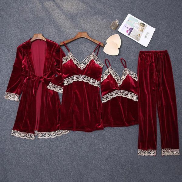 women's sleepwear fashion velvet 4 pieces warm winter pajamas sets women lace robe pajama suit sleeveless nightwear velour intimate, Black;red
women's sleepwear fashion velvet 4 pieces warm winter pajamas sets women lace robe pajama suit sleeveless nightwear velour intimate, Black;red