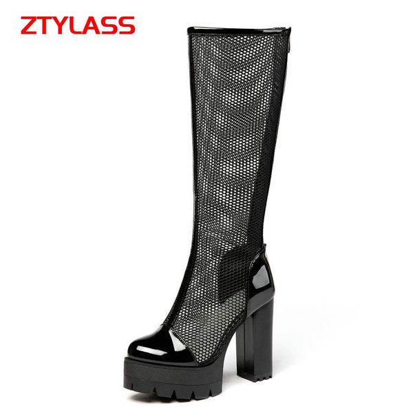 women patent leather knee high boots summer hollow mesh fashion zipper thick heel platform shoes black white
women patent leather knee high boots summer hollow mesh fashion zipper thick heel platform shoes black white