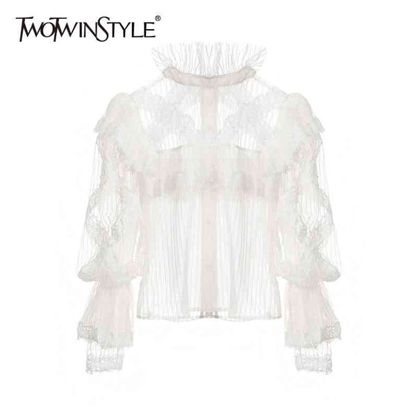 patchwork striped lace shirt for women stand collar flare sleeve mesh see through short blouse female fashion 210524, White
patchwork striped lace shirt for women stand collar flare sleeve mesh see through short blouse female fashion 210524, White