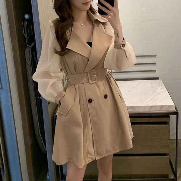 women's trench coats korean short double breasted net yarn patchwork coat plus sashes khaki black autumn casual long sleeve windbreaker, Tan;black
women's trench coats korean short double breasted net yarn patchwork coat plus sashes khaki black autumn casual long sleeve windbreaker, Tan;black