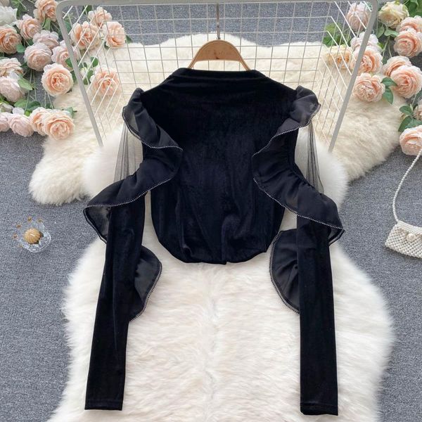 women's t-shirt singreiny design retro velour blouse chic mesh off shoulder ruffles long sleeve 2021 autumn streetwear women blouses, White
women's t-shirt singreiny design retro velour blouse chic mesh off shoulder ruffles long sleeve 2021 autumn streetwear women blouses, White