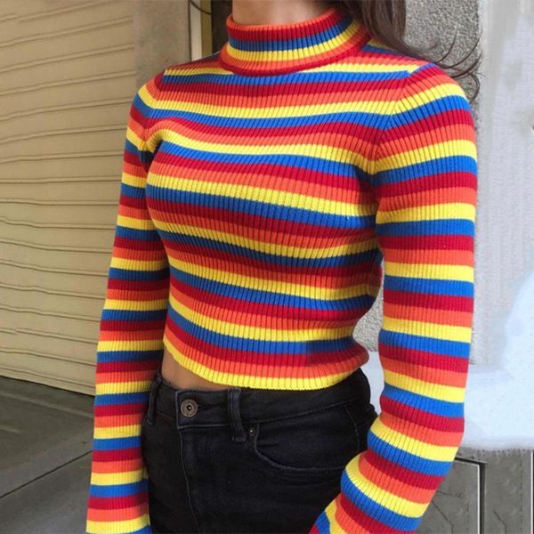 women sweater rainbow stripes jumper knitwear fashion slim women's turtlenecks sweaters pullovers colorful pullover, White;black
women sweater rainbow stripes jumper knitwear fashion slim women's turtlenecks sweaters pullovers colorful pullover, White;black