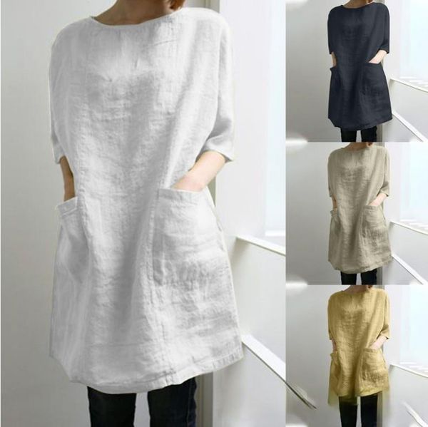 women's blouses & shirts round neck three-quarter sleeves with pockets solid color cotton and linen series casual comfortable loose gow, White
women's blouses & shirts round neck three-quarter sleeves with pockets solid color cotton and linen series casual comfortable loose gow, White