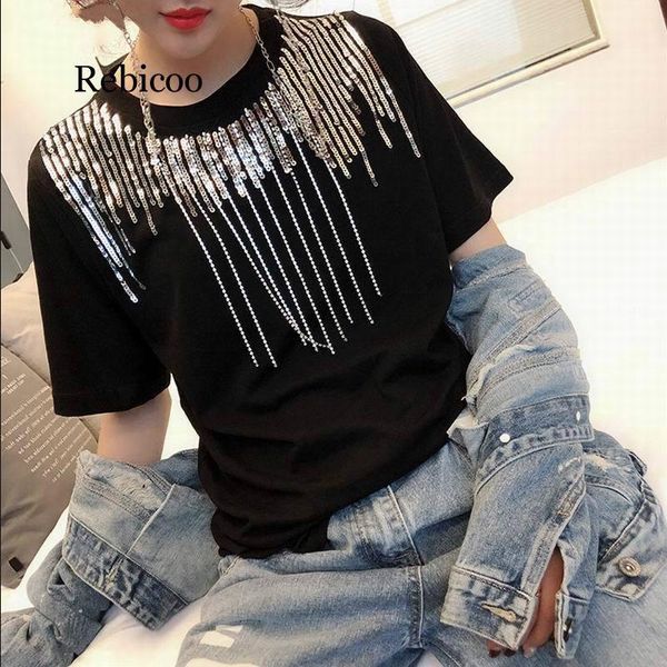 women's t-shirt rebicoo sequined tassel summer women fashion heavy diamonds tees chic o-neck short sleeve t shirts, White
women's t-shirt rebicoo sequined tassel summer women fashion heavy diamonds tees chic o-neck short sleeve t shirts, White