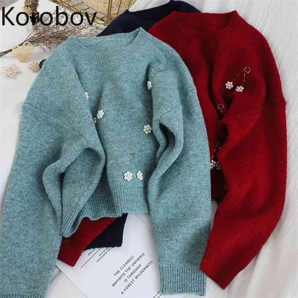 korobov new o neck long sleeve elegant sweater korean pearls preppy style female sueter mujer autumn winter short pullovers 210430, White;black
korobov new o neck long sleeve elegant sweater korean pearls preppy style female sueter mujer autumn winter short pullovers 210430, White;black