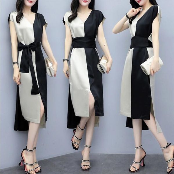 dresses skirt summer 2021 new women's wear medium length v-neck waist down thin color matching knee split dress, Black;gray
dresses skirt summer 2021 new women's wear medium length v-neck waist down thin color matching knee split dress, Black;gray