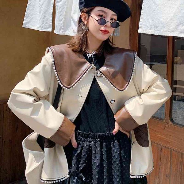 t7604 niche design edging french pearl navy collar leather contrast silhouette loose jacket, Black
t7604 niche design edging french pearl navy collar leather contrast silhouette loose jacket, Black