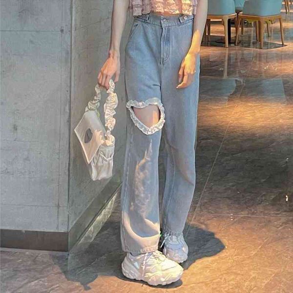 summer korean version of harajuku women jean lace stitching love hole streetwear wide leg pants high waist trousers, Blue
summer korean version of harajuku women jean lace stitching love hole streetwear wide leg pants high waist trousers, Blue