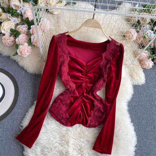women's t-shirt lady fashion ins lace stitching pleated slim short velvet autumn winter square neck long sleeve t shirts q609, White
women's t-shirt lady fashion ins lace stitching pleated slim short velvet autumn winter square neck long sleeve t shirts q609, White
