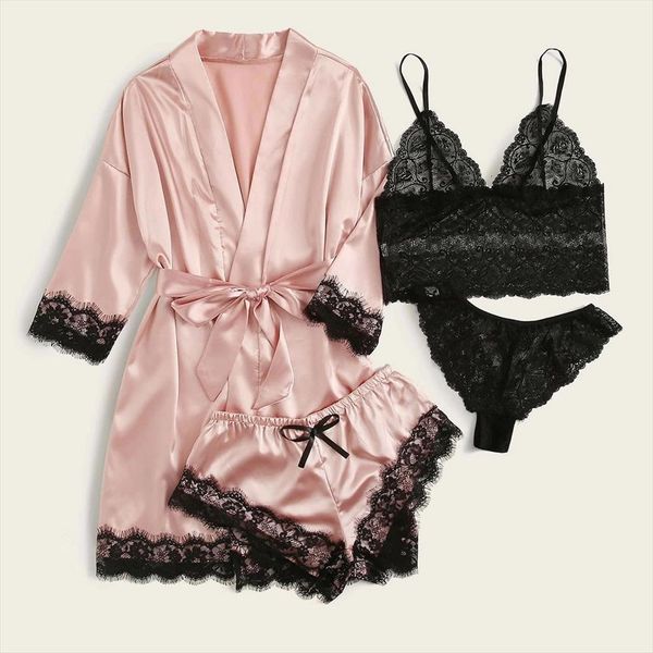 4pcs lace satin bra camisole womens sleepwears shorts pajamas robe lingerie set night gown femme, Black;red
4pcs lace satin bra camisole womens sleepwears shorts pajamas robe lingerie set night gown femme, Black;red