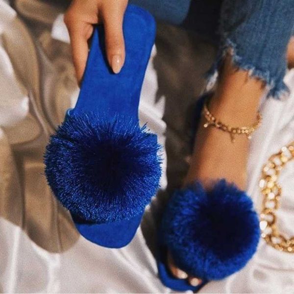 slippers fluffy pompon flat with slip-on women's royal blue women shoes, Black