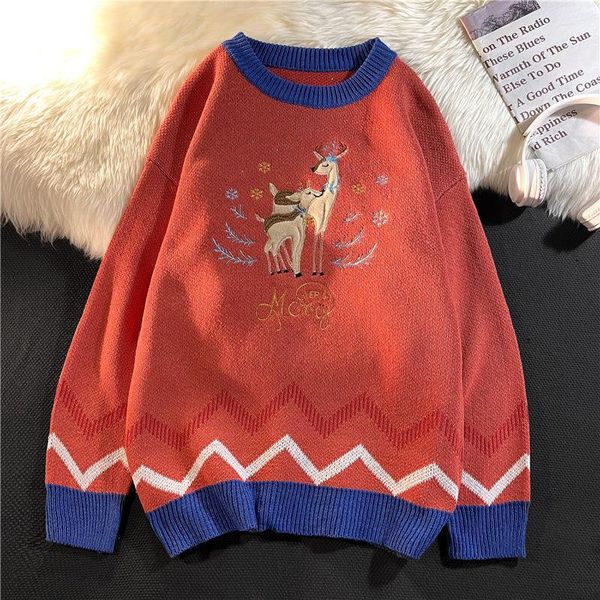 men's sweaters embroidered cartoon deer sweater thick loose knitted trend long sleeve contrast winter casual warm o-neck all-match over, White;black
men's sweaters embroidered cartoon deer sweater thick loose knitted trend long sleeve contrast winter casual warm o-neck all-match over, White;black
