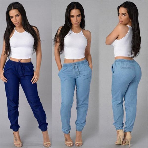 elastic waist casual high womens pants jeans blue denim brand button jogger solid, Black;white
elastic waist casual high womens pants jeans blue denim brand button jogger solid, Black;white