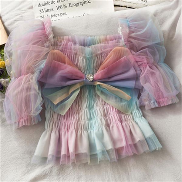 women's blouses & shirts harajuku gradient lace short shirt elegant bow ruffle womens and vintage puff sleeve slim mesh blusas feminine, White
women's blouses & shirts harajuku gradient lace short shirt elegant bow ruffle womens and vintage puff sleeve slim mesh blusas feminine, White