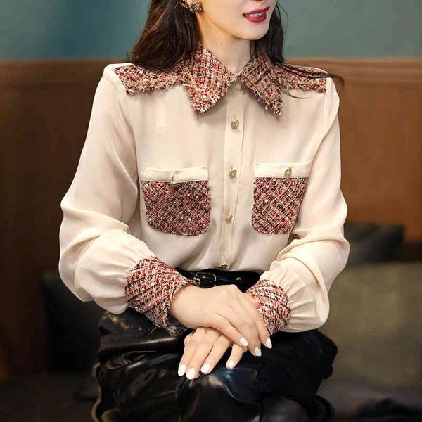 knits fashion designer gold thread woven tweed splicing satin silk shirt blouse women long sleeve buttons vintage small fragrance top, White
knits fashion designer gold thread woven tweed splicing satin silk shirt blouse women long sleeve buttons vintage small fragrance top, White