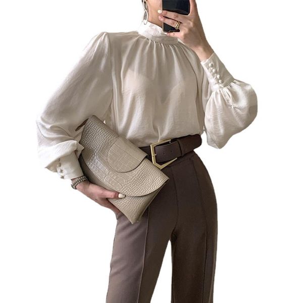 women's blouses & shirts 2021 autumn women lantern sleeves stand collar streetwear fashion casual loose slim elegant solid shirt chic x, White
women's blouses & shirts 2021 autumn women lantern sleeves stand collar streetwear fashion casual loose slim elegant solid shirt chic x, White