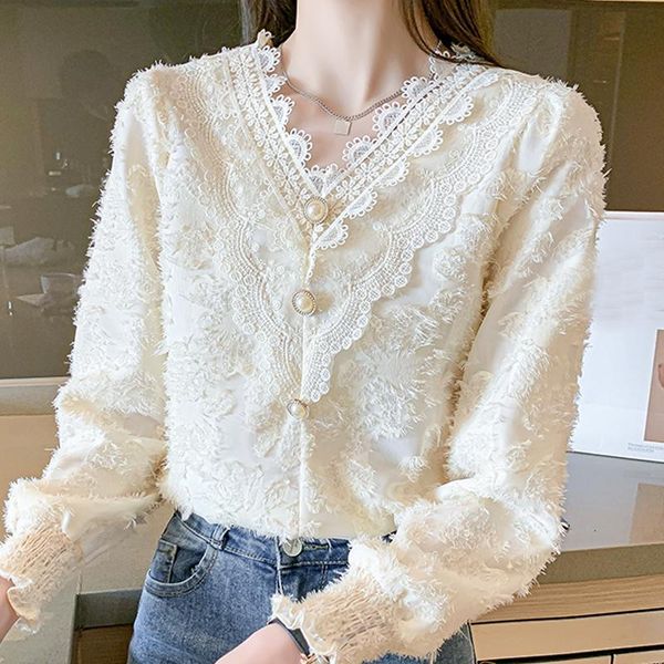 women's blouses & shirts long sleeve ruffles apricot lace blouse shirt women blusas mujer de moda 2021 v-neck blusa e446, White
women's blouses & shirts long sleeve ruffles apricot lace blouse shirt women blusas mujer de moda 2021 v-neck blusa e446, White