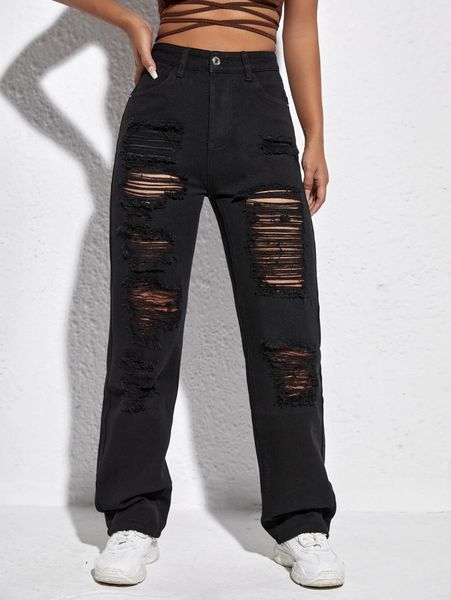 high waist ripped straight leg jeans w9us#, Blue 
high waist ripped straight leg jeans w9us#, Blue