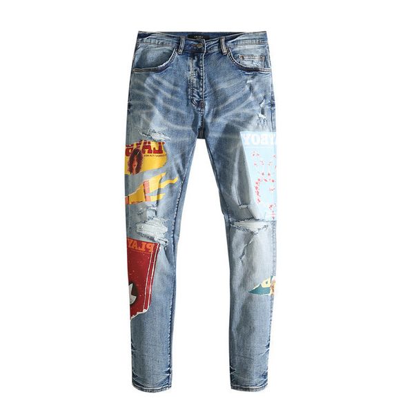 am denim pants men's four seasons slim fit small feet 2021 new perforated patch jeans, Blue
am denim pants men's four seasons slim fit small feet 2021 new perforated patch jeans, Blue