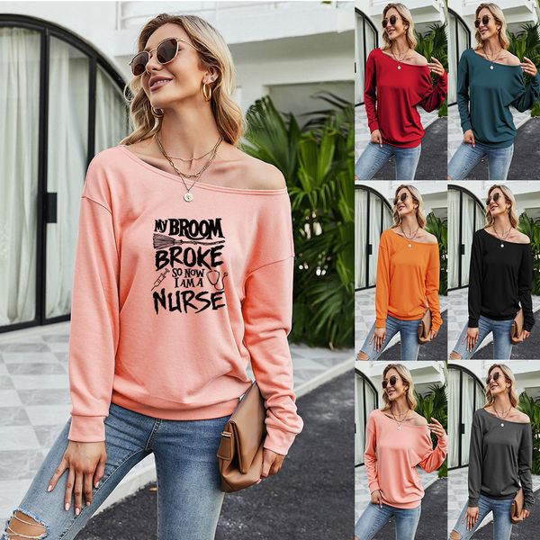 2021 autumn women's diagonal shoulder fashion printed casual long sleeve sweater, Black
2021 autumn women's diagonal shoulder fashion printed casual long sleeve sweater, Black