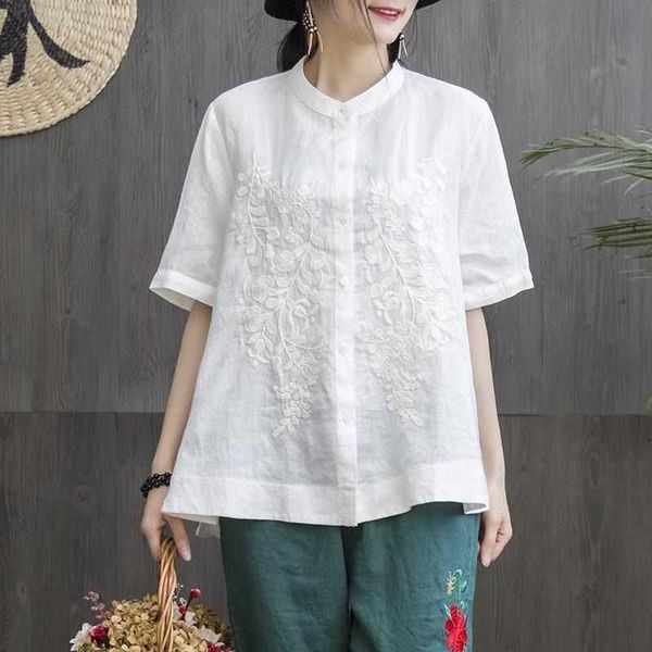 women's blouses & shirts cotton short sleeve shirt 2021 summer loose large size embroidered literature and art leisure thin linen top, White
women's blouses & shirts cotton short sleeve shirt 2021 summer loose large size embroidered literature and art leisure thin linen top, White