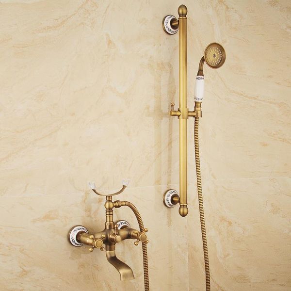 wall mounted mixer valve antique brass shower faucet sets 64cm lifing sliding bar with head water hose bathroom
wall mounted mixer valve antique brass shower faucet sets 64cm lifing sliding bar with head water hose bathroom