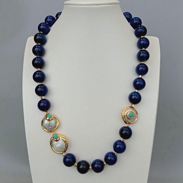 blue round smooth agate cultured white coin pearl electroplated necklace 22" punk style for women, Silver
blue round smooth agate cultured white coin pearl electroplated necklace 22" punk style for women, Silver