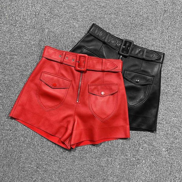 women's shorts spring 2021 arrival sheepskin genuine leather belt pockets a660, White;black
women's shorts spring 2021 arrival sheepskin genuine leather belt pockets a660, White;black