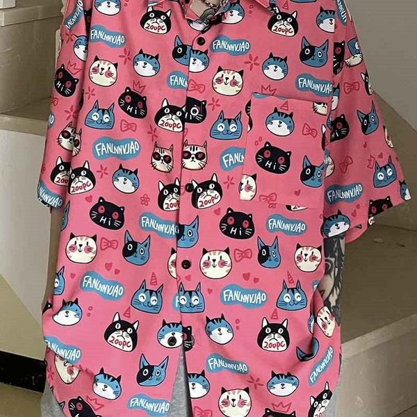 women's blouses & shirts summer short-sleeved shirt loose retro fun cartoon cat head men's trend casual blouse, White
women's blouses & shirts summer short-sleeved shirt loose retro fun cartoon cat head men's trend casual blouse, White