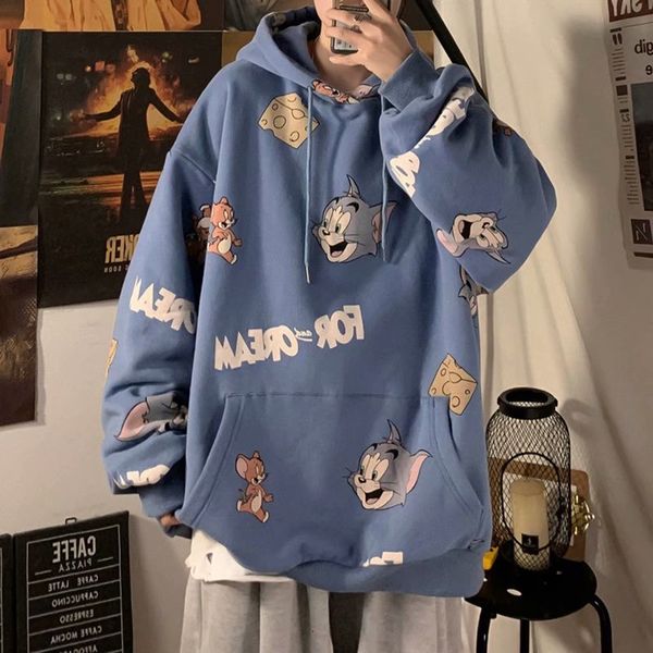 men's hoodies & sweatshirts moletom plus size com estampa de desenho animado gato tom harajuku, unissex, kawaii, para inverno 5gp1, Black