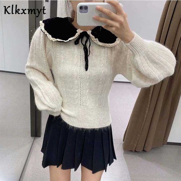 klkxmyt za women sweet fashion patchwork ruffled knitted sweater vintage peter pan collar long sleeve female pullovers chic 210527, White;black
klkxmyt za women sweet fashion patchwork ruffled knitted sweater vintage peter pan collar long sleeve female pullovers chic 210527, White;black