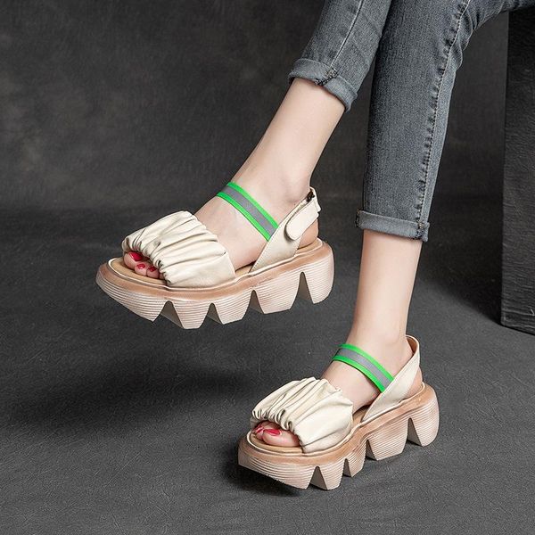 women leather sandals high heels wedge summer shoes for casual yellow beach genuine brand, Black
