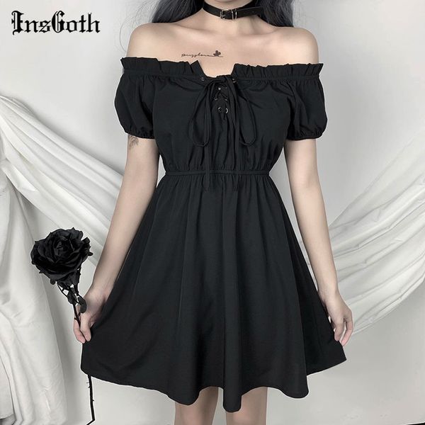insgoth off shoulder black dresses gothic harajuku high waist dress summer mini a-line solid black casual dresses, Black;gray
insgoth off shoulder black dresses gothic harajuku high waist dress summer mini a-line solid black casual dresses, Black;gray