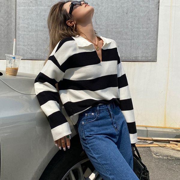 women's sweaters women open collar knitted jumper in stripe drop shoulder loose y011, White;black
women's sweaters women open collar knitted jumper in stripe drop shoulder loose y011, White;black