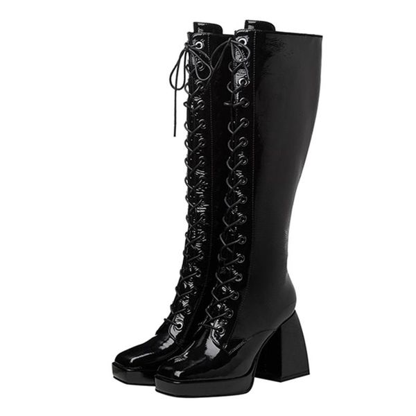 boots square toe women's high front lace-up black knight heels party shoes leather platform for women 2021
boots square toe women's high front lace-up black knight heels party shoes leather platform for women 2021