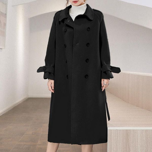 women's wool & blends korean version japanese overcoat autumn winter fashion temperament designer double breasted lapel woolen coat, Black
women's wool & blends korean version japanese overcoat autumn winter fashion temperament designer double breasted lapel woolen coat, Black
