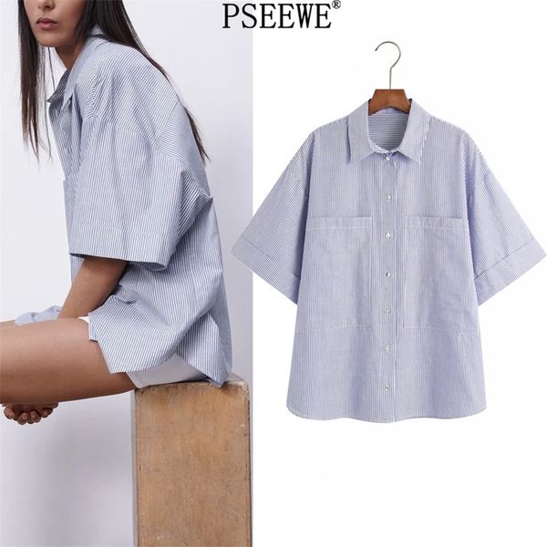 women shirts blue striped oversized woman summer button up plus size casual short sleeve female 210519, White
women shirts blue striped oversized woman summer button up plus size casual short sleeve female 210519, White