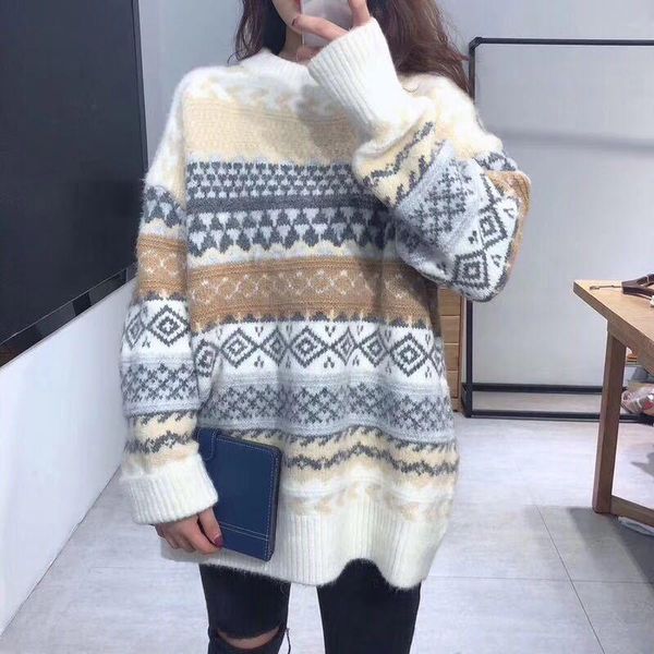 women's sweaters 2021 autumn vintage oversized knitted pullover winter loose geometric sweater jumper femme pull, White;black
women's sweaters 2021 autumn vintage oversized knitted pullover winter loose geometric sweater jumper femme pull, White;black
