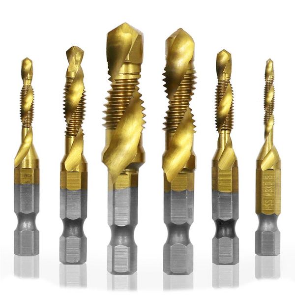 6pcs m3-m10 hex shank titanium plated hss screw thread metric tap drill bits hand tools 
6pcs m3-m10 hex shank titanium plated hss screw thread metric tap drill bits hand tools