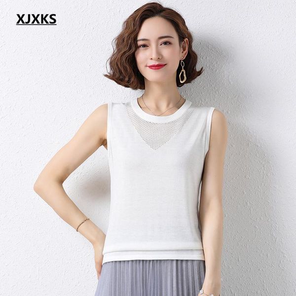 women's t-shirt xjxks 2021 summer women sleeveless solid color all-match comfortable thin knitted top, White
women's t-shirt xjxks 2021 summer women sleeveless solid color all-match comfortable thin knitted top, White