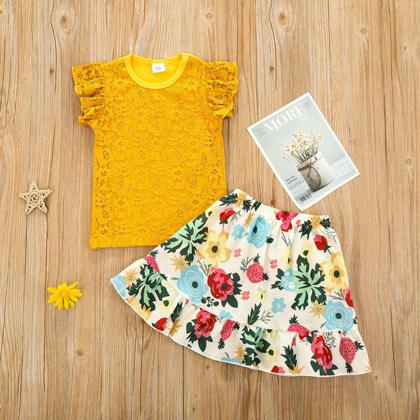 2pcs sweet style little girls outfit, summer creative round collar short sleeve yellow lace + floral printing bust skirt set clothing se, White
2pcs sweet style little girls outfit, summer creative round collar short sleeve yellow lace + floral printing bust skirt set clothing se, White