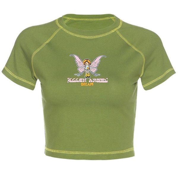 women's t-shirt women short sleeve green cartoon butterfly fairy letters printed crop bodycon o-neck streetwear, White
women's t-shirt women short sleeve green cartoon butterfly fairy letters printed crop bodycon o-neck streetwear, White