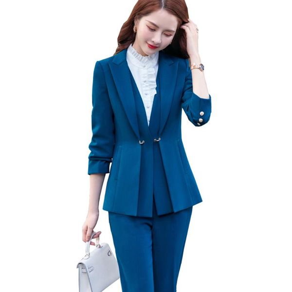 women's two piece pants ladies blue black ruffle blazer pant suit 2 set formal women female jacket and trouser for office work, White
women's two piece pants ladies blue black ruffle blazer pant suit 2 set formal women female jacket and trouser for office work, White