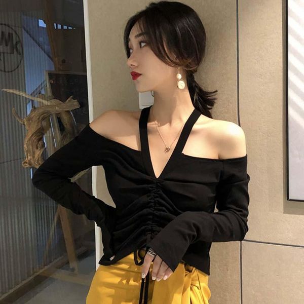 women's t-shirt fashion solid color long sleeve lace up women halter off shoulder, White
women's t-shirt fashion solid color long sleeve lace up women halter off shoulder, White