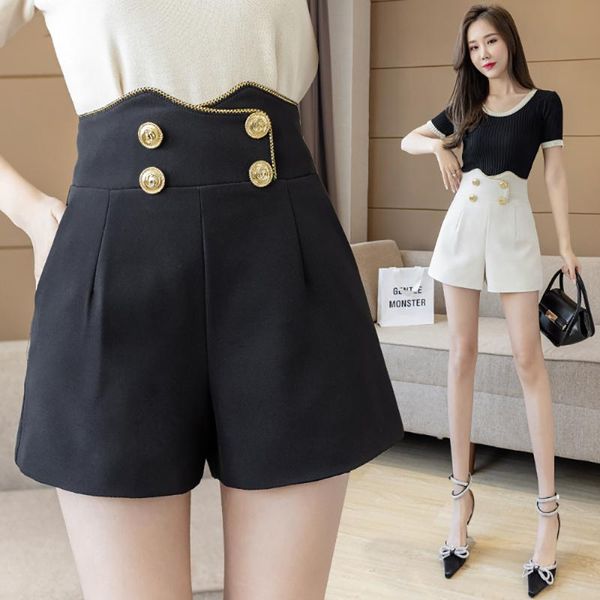women's shorts vintage elegant summer metal button high waisted women fashion plus large size wide legs loose baggy short clothes, White;black
women's shorts vintage elegant summer metal button high waisted women fashion plus large size wide legs loose baggy short clothes, White;black