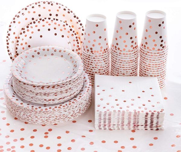 disposable dinnerware plates rose gold tableware party supplies polka dots cutlery sets for wedding bride christmas decoration
disposable dinnerware plates rose gold tableware party supplies polka dots cutlery sets for wedding bride christmas decoration