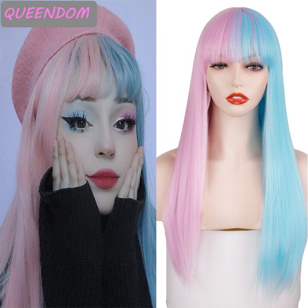 long half blue pink wig 24 straight natural synthetic lolita wig for women heat resistant fiber daily cosplay wigs with bangs, Black
long half blue pink wig 24 straight natural synthetic lolita wig for women heat resistant fiber daily cosplay wigs with bangs, Black