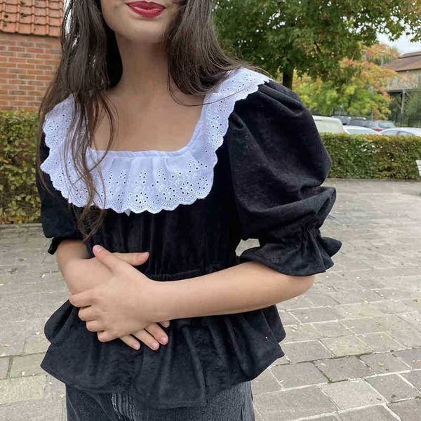 women's tanks & camis mosimolly pretty lace velvet blouses shirt women square neck ruffle short female blusas tu2u 02s2, White
women's tanks & camis mosimolly pretty lace velvet blouses shirt women square neck ruffle short female blusas tu2u 02s2, White